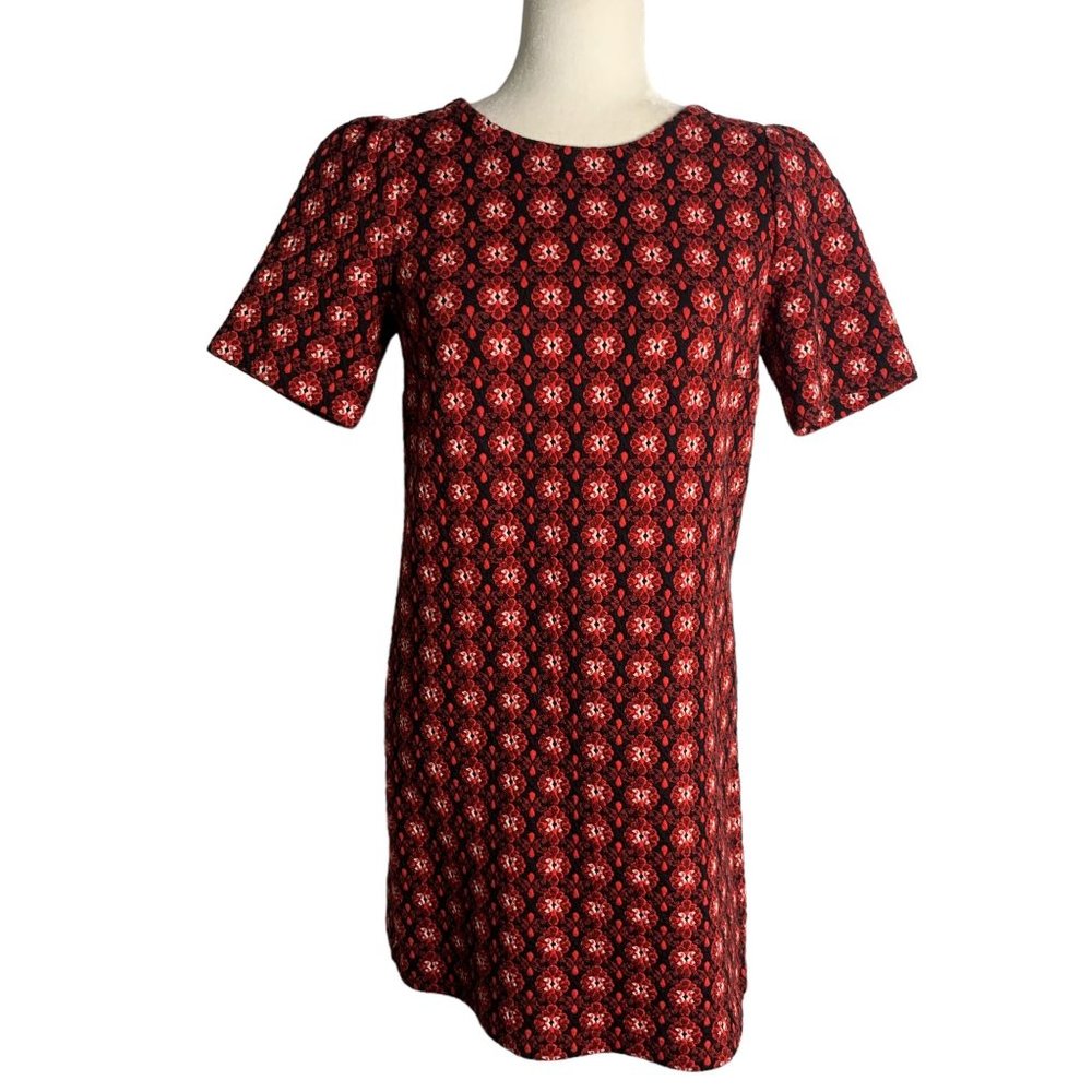Ann Taylor Loft Quilted Mini Sheath Dress S Black Red Short Sleeves Zipper